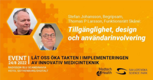 Bilden visar information inför mässan. Det är en orange bakgrund och visar små bilder på Stefan Johansson, Begripsam och Thomas P Larsson, Funktionrätt Skåne. 