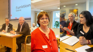 Collage från årsmötet, mötessekreterare, mötets ordförande, ny ordförande Lena Landin, publikbild.