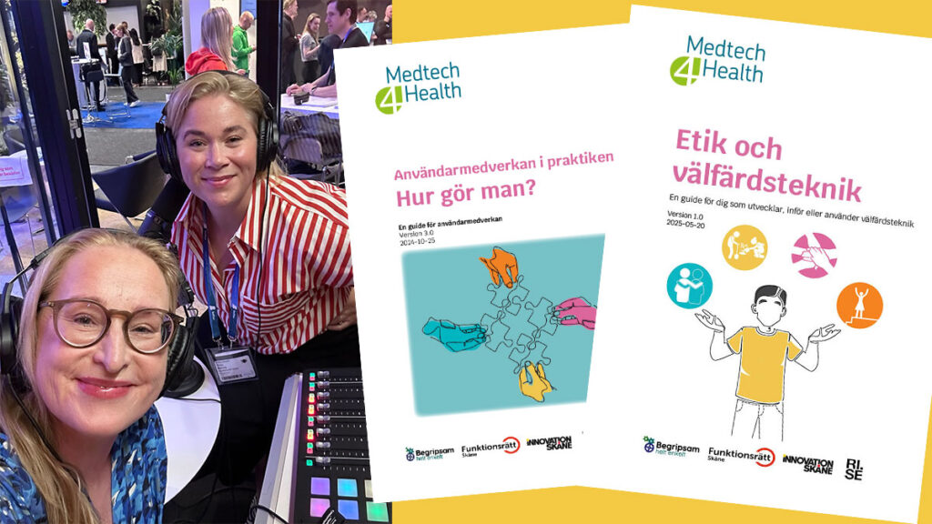 Två glada damer i en poddstudio samt omslagen på användarguide och etikguide.
