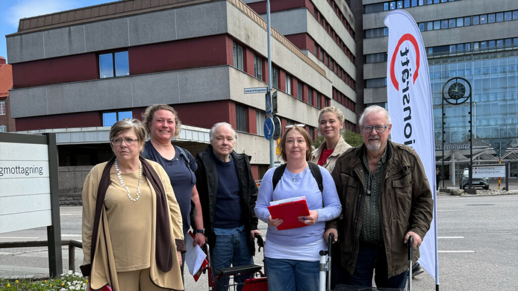 En grupp med Funktionsrätt Skånes flagga framför Blocket.